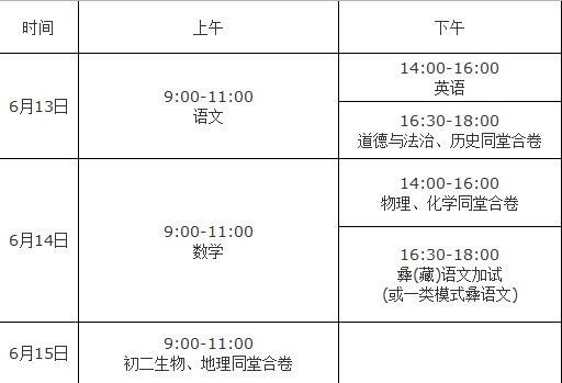 2022四川凉山中考时间及各科时间安排